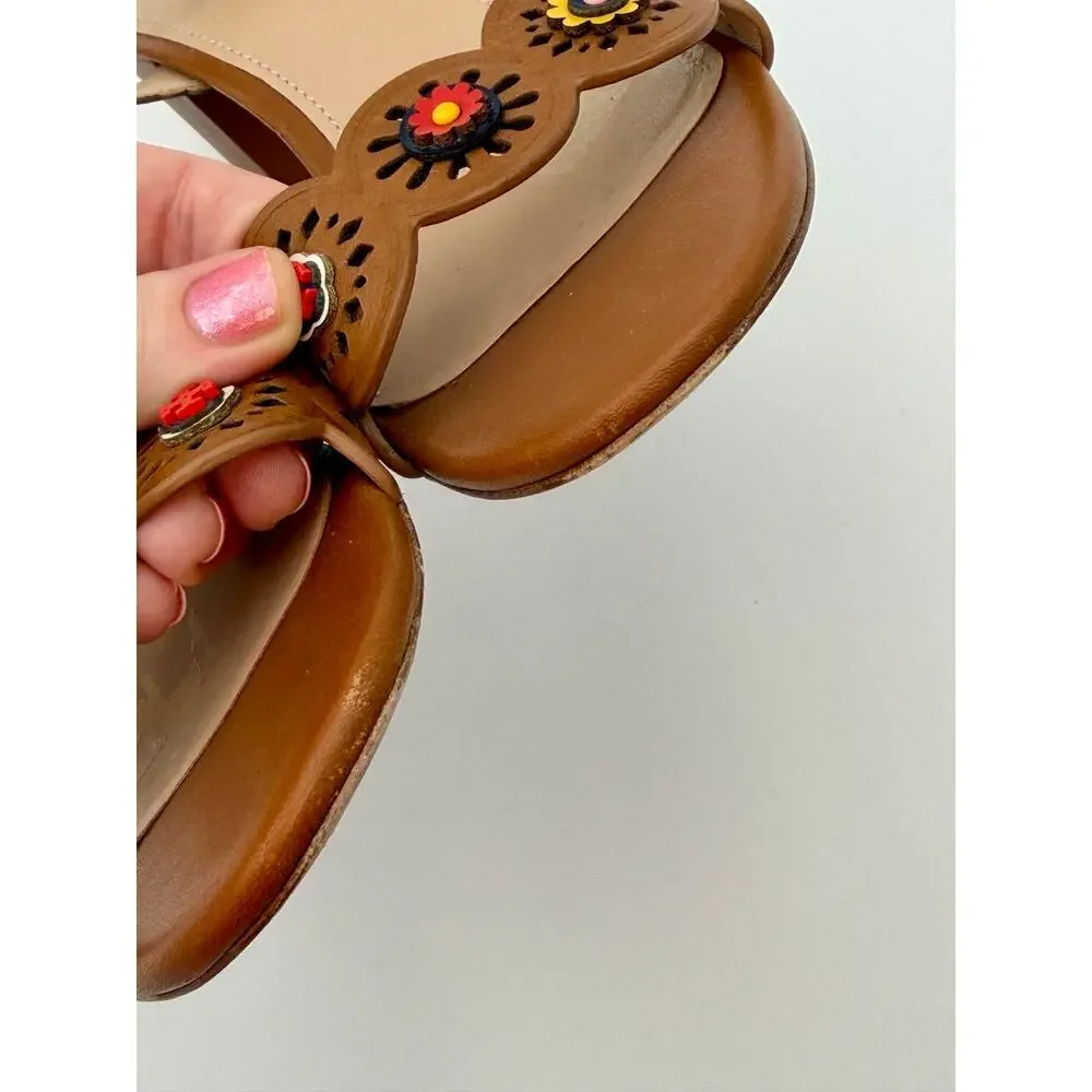 Tory Burch Marguerite Beaded Sandals Brown Leather Multi Size 7.5 Ankle Strap
